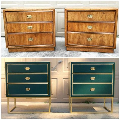 nightstand makeover--stunning green and gold from One Room Challenge Master Bedroom – Week Four Koti Diy, Nightstand Makeover, Thrift Store Diy, Thrift Store Furniture, Master Room, Room Challenge, Furniture Renovation, Refurbished Furniture, Furniture Restoration