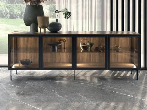 Glass and aluminium sideboard with integrated lighting WES by Guzzini & Fontana Steel Sideboard, Glass Sideboard, Minimal Apartment, Side Boards, Integrated Lighting, Metal Sideboard, Contemporary Sideboard, Dining Table Accessories, Condo Design