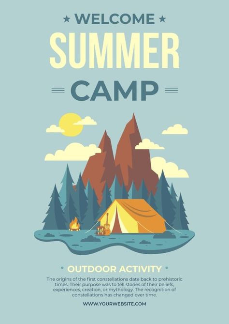 Hand-drawn Flat Welcome Summer Camp Poster Summer Camp Design Inspiration, Summer Camp Poster Design, Welcome Poster Design, Summer Camp Poster, Camp Poster, Camping Poster, Camping Illustration, Gambar One Direction, Design Camp