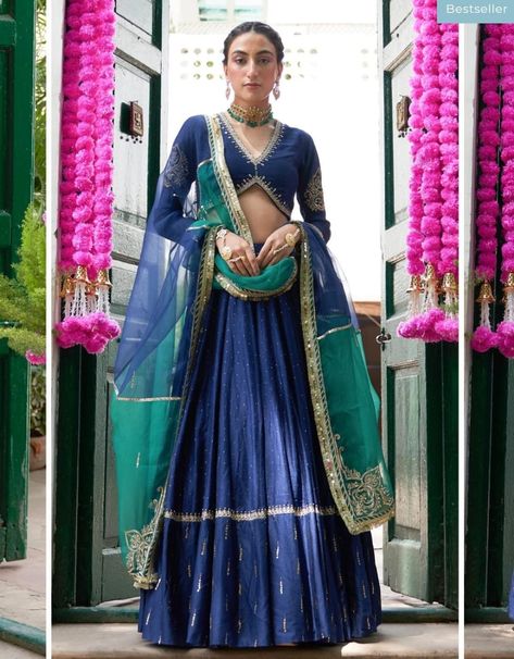 Indian Outfits Modern, Tassels Blouse, Lehenga With Blouse, Cancan Lehenga, Silk Anarkali Suits, Embroidery Dupatta, Yellow Lehenga, Heavy Dresses, Blue Lehenga