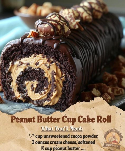 Peanut Butter Cake Roll Recipe, Peanut Butter Cake Roll, Powdered Sugar Recipes, Recipes Peanut Butter, Yule Logs, Chocolate Peanut Butter Recipes, Chocolate Roll Cake, Butter Desserts, Roll Cakes