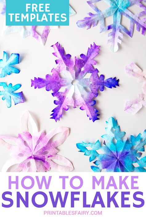 Learn how to make these colorful snowflakes using coffee filters. The perfect winter craft for kids with free printable templates and video tutorial. Snowflakes Template, Coffee Filter Snowflakes, Printable Snowflake Template, Good Friday Crafts, Coffee Filters Snowflakes, How To Make Snowflakes, Free Printable Templates, Snowflake Template, Coffee Filter Crafts