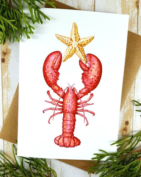 Here is my take on the Christmas Lobster.  One of my favorite scenes from Love Actually is about a Christmas Lobster. Anyone know it? #christmaslobster #prelude #lobster #christmascard #starfish #star #holidaycard #coastalchristmas #maine #maineart #maineholiday #custeasan #redlobster #celebratechristmas #christmascards2019 Beachy Christmas Cards, Christmas Lobster, Nautical Christmas Cards, Beach Christmas Card, Christmas Card Size, Mermaid Christmas, Maine Art, Nautical Christmas, Coastal Holiday