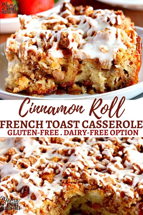 An easy gluten-free breakfast casserole with your favorite flavors from cinnamon rolls and french toast! This Cinnamon Roll French Toast Casserole can be made the same day or overnight. The recipe also has a dairy-free option. #breakfastcasserole #glutenfreerecipes #dairyfree Cinnamon Roll Casserole Gluten Free, Overnight French Toast Casserole Dairy Free, Non Dairy French Toast Casserole, Gf Breakfast Casserole Gluten Free, Gluten Free Dessert Casserole, Gf Df Dinners Easy Recipes, Make Ahead Breakfast Casserole Gluten Free, Dairy Free Sweet Breakfast Ideas, Dairy Free Gluten Free Breakfast Recipes