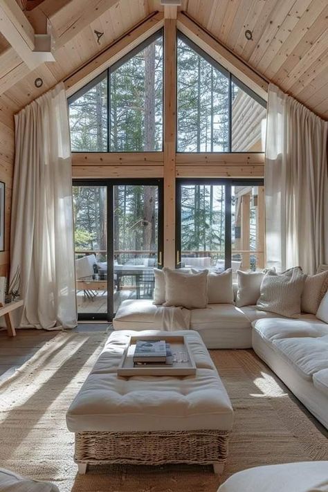 Canadian Cottage Interiors, Scandinavian Log Cabin Interior, Swiss Ski Chalet Interiors, Updated Cabin Interior, Scandi Cabin Interior, Modern Cabin Furniture, Pine Interior Cabin, Bright Cabin Interior, Colorado Cabin Aesthetic