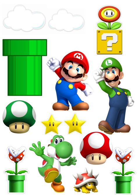 Super Mario Topper Printable, Super Mario Bros Cake Toppers, Mario Bros Cake Topper Printable, Mario Luigi Birthday Party, Mario Cake Topper Printable, Super Mario Topper, Super Mario Cake Ideas, Mario Pictures, First Birthday Party Boy