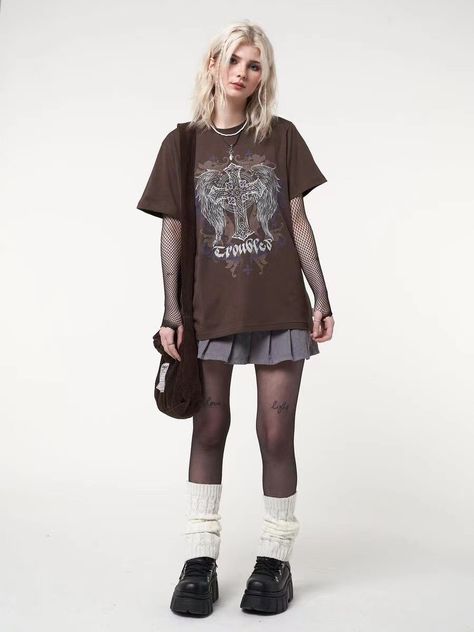 Brand: Minga London Fairycore Art, Cross Graphic, Minga London, Brown T Shirt, Plaid And Leopard, Retro Fashion Women, Graphic Tee Outfits, London Outfit, Grunge Fairy