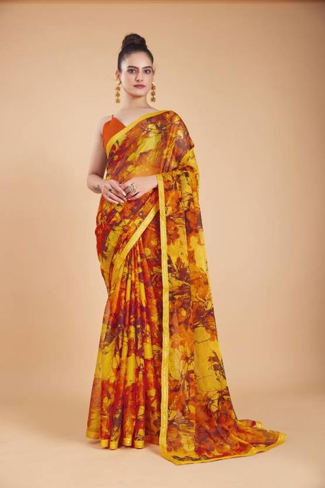 Buy GARDEN VARELI Floral Print Bollywood Chiffon Yellow Sarees Online @ Best Price In India | Flipkart.com Yellow Sarees, Garden Vareli, Karva Chauth, Branded Clothes, Yellow Saree, Chiffon Saree, Sarees Online, Blouse Piece, Pink Yellow