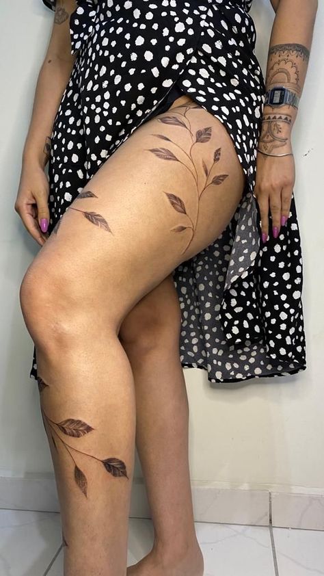 Leg Tattoos Women Fine Line, Medium Leg Tattoos Women, Plant Thigh Tattoo, Leg Line Tattoo, Front Of Leg Tattoos Women, Female Shin Tattoo, Thigh Vine Tattoos, Vine Thigh Tattoo, Aesthetic Leg Tattoos