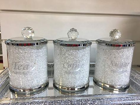 Crushed Diamond Decor, Crystal Dishes Decor, Crystal Bathroom Accessories, Pots Kitchen, Dimond Vase, Tea Coffee Sugar Jars, Tea Coffee Sugar Canisters, Sugar Storage, Silver Crystal Candle Holders