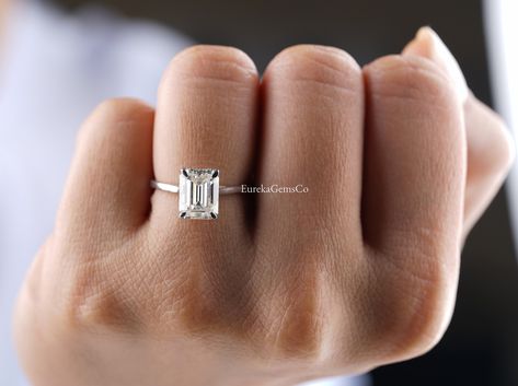 Wedding Ring Emerald Cut, White Gold Emerald Ring, Moissanite Engagement Ring Hidden Halo, Wedding Ring Emerald, Engagement Ring Hidden Halo, Emerald Cut Solitaire, Emerald Cut Moissanite Engagement Ring, Stone Wedding Ring, Engagement Ring Dainty