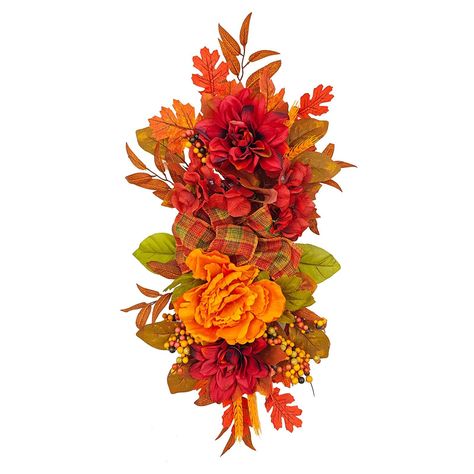 PRICES MAY VARY. Autumn-Themed Design: This teardrop wreath features a stunning array of peony, flower, berry clusters, and colorful maple leaves on a rattan base, showcasing the charm of the autumn season. Lifelike Feel: Meticulously crafted to look and feel lifelike, this 22.83-inch autumnal teardrop decoration adds an authentic touch to any fall-themed arrangement, enhancing the aesthetic appeal of your space. Sturdy: Built to last, this fall teardrop wreath is sturdy, making it safe for both Swag Wreaths, Farmhouse Front Door Decor, Halloween Swag, Fake Hanging Plants, Teardrop Swag, Fall Swags, Orange Home Decor, Swag Wreath, Harvest Wreath