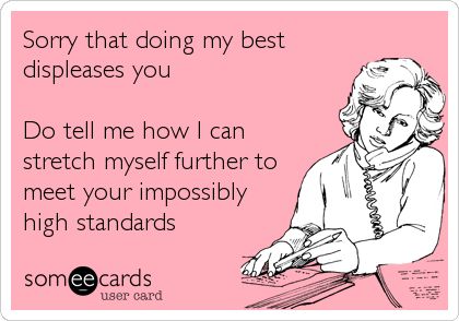 Sorry that doing my best displeases you. Do tell me how I can stretch myself further to meet your impossibly high standards. Workplace Humor, Doing My Best, Work Jokes, Office Humor, Work Memes, Teacher Quotes, Twisted Humor, High Standards, Nurse Humor