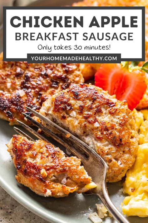 Enjoy this delicious Chicken and Apple Breakfast Sausage on weekend mornings or for easy meal prep! Pair with your favorite breakfast foods, like scrambled eggs, hash browns, and toast or serve on a breakfast sandwich for a quick breakfast in under 30 minutes! Sausage Links Breakfast Ideas, Homemade Chicken Breakfast Sausage, Ground Chicken Breakfast Sausage, Ground Chicken Breakfast Recipes, Chicken Sausage Recipes Breakfast, Sausage Link Breakfast Ideas, Chicken Breakfast Sausage Recipes, Breakfast Chicken Recipes, Chicken Apple Sausage Recipes