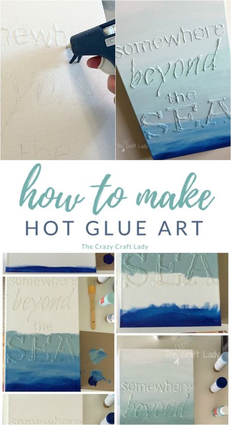 Diy Canvas Quote Art, Diy Quote Art, Canvas Craft Ideas Diy Projects, Glue Painting On Canvas, Glue Canvas Art, Hot Glue Art On Canvas Diy, Canvas Crafts Diy, Quote Crafts, Hot Glue Crafts