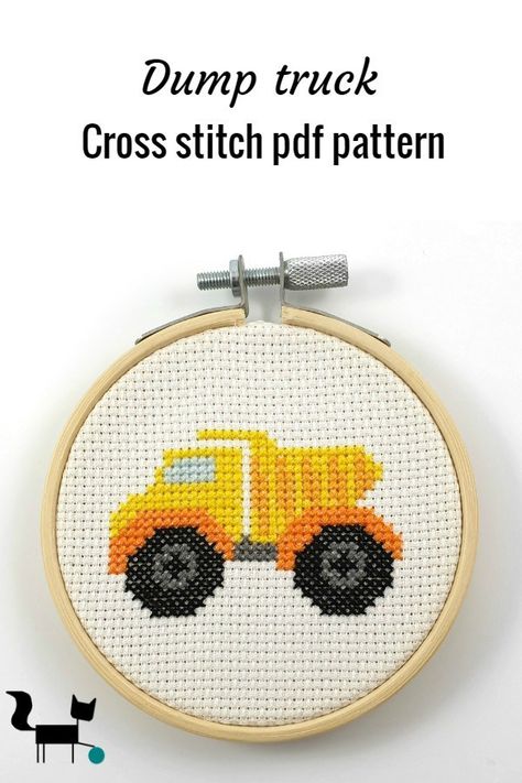 This cute yellow dump truck cross stitch pdf pattern is part of vehicle line I designed with boy room decor in mind. It can be made in a afternoon or so. #crossstitchpattern #dumptruck #boyroomdecor Truck Cross Stitch Pattern Free, Truck Cross Stitch Pattern, Truck Cross Stitch, Cross Stitch Letter Patterns, Boy Room Decor, Nursery Cross Stitch, Tiny Cross Stitch, Cross Stitch Letters, Small Cross Stitch