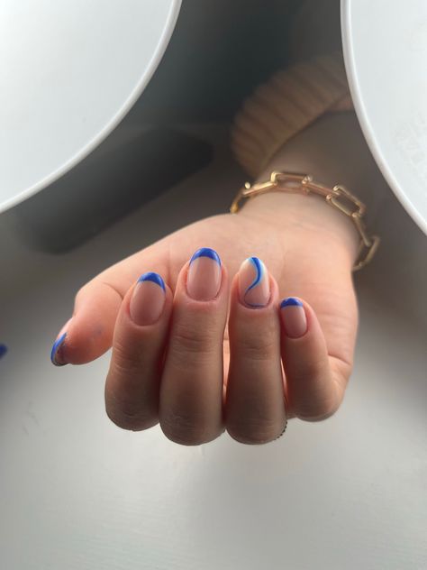 Swirly Nail Designs French Tip, Small Almond Nails Design Summer, Blue Line Nail Designs, Short Almond Shape Nail Ideas, Blue French Tips With Design, Small Almond Nails Design, Blue Swirl Nails, Bright Blue Nails, Royal Blue Nails Designs