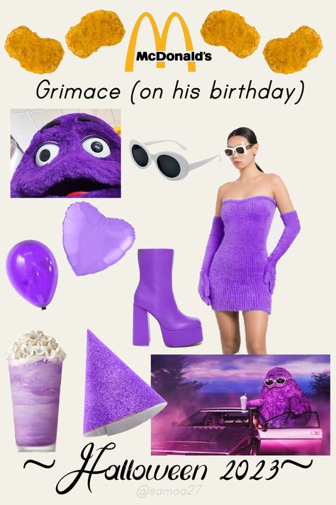 Halloween costume image board for the character Grimace. Costume includes purple fuzzy dress and gloves, white rimmed circular sunglasses, a purple milkshake, purple birthday balloons, and a purple sequin party hat Sequin Halloween Costume Ideas, Grimace Costume Diy, Grimace Halloween Costume, Purple Haired Halloween Costumes, Purple Costume Ideas Halloween, Purple Dress Halloween Costume, Purple Halloween Costume For Fancy Dress, Purple Skirt For Halloween Costume Party, Purple Dress Costume