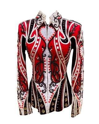 Trendy Fashion NEW Western Competition Horse Riding Show Wear Shirt Blouse Jacket Rodeo Pageant, Womens Coats Jackets Cowgirl Rhinestone, Blouse Western, Showmanship Jacket, Rhinestone Jacket, Equestrian Shirt, Western Blouse, Custom Rhinestone, Show Jackets, Turquoise Rose