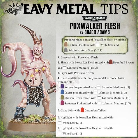 t's time for another 'Eavy Metal tip! This one was requested by @sjettnonkel – covering the rancid, boil-encrusted flesh of the Poxwalkers! Got something you want to see here? Tell us in the comments! Next week: the stone Crux Terminatus of the Space Marines. #PaintingWarhammer Warhammer 40k Space Wolves, Painting Figurines, 40k Painting, Blood Bowl Miniatures, Warhammer Painting, Painting Guide, Warhammer 40k Figures, Miniature Bases, Warhammer Paint