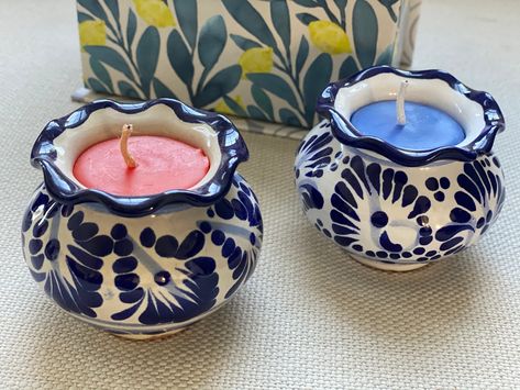 "Our talavera candles are handmade and hand painted by the best artisans in Puebla, México. Our talavera candles come in 3 different sizes and colors Sizes: Small( 2 x2 inches) Medium 4\"x 4\"inches Small blue and white curved top (21/2\"x 21/2\") Colors: (we can paint any color) White, Blue and white White and blue Gray and white Black Pink our three signature scents: vainilla, lavanda, and apple-cinnamon) Our talavera candles are perfect for any room they can be turned to a decorative element Talavera Wedding, Oaxaca Wedding, Baptism Decorations Girl, Mom Home Decor, Mexican Wedding Cake, Aromatic Candle, Corporate Christmas Gifts, Fiesta Wedding, Wholesale Candles