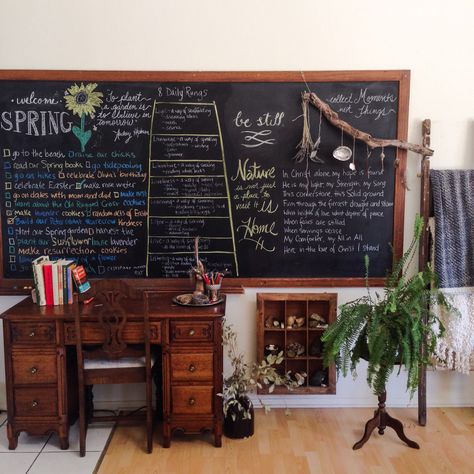 Whimsical Homeschool Room, Vintage Inspired Classroom, Chalkboard In Room, Homeschool Area In Living Room, Homeschool Chalkboard Ideas, Moody Classroom, Homeschool Chalkboard, Chalkboard Room, Vintage Classroom Decor