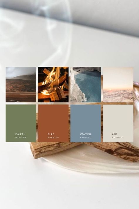 Learn about the four elements and how to use their colors to create a natural color palette for your home or #Elemental_Color_Palette #Australian_Colour_Palette #Calm_Graphic_Design #Nature_Colour_Palette Color Palette Inspired By Nature, Moodboard Nature Inspiration, Elemental Color Palette, Nature Colour Palette, Natural Colour Palette, Earthy Colour Palette, Healing Rituals, Natural Color Palette, Earthy Palette