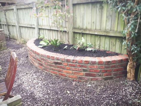 Reclaimed Brick Planter Retaining Wall Blue Slate Path Newnham on Severn Planter Retaining Wall, Slate Path, Brick Planters, Brick Raised Garden Beds, Reclaimed Brick Garden, Retaining Wall Bricks, Brick Planter, Brick Garden Edging, Wall Blue