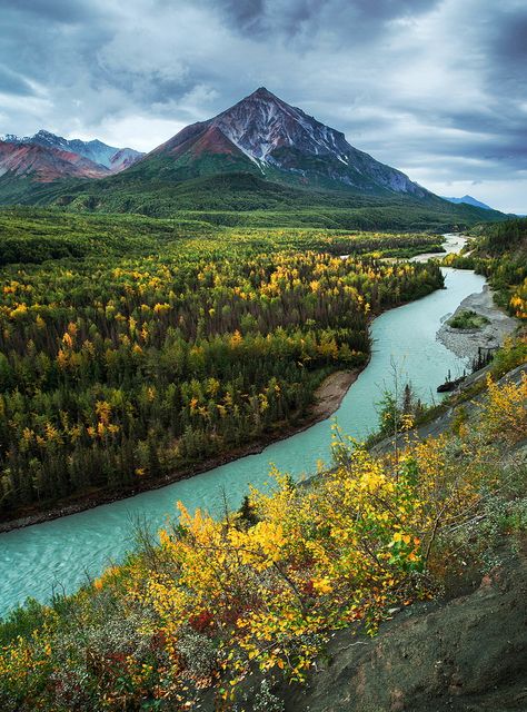 You'll see this gorgeous scene on the Glenn Highway near Palmer, #Alaska. "King Mountain and Matanuska River in Alaska, USA (by Joe Ganster)" Jaime Lannister, Arya Stark, Alaska Travel, Aruba, Mountain Landscape, Barbados, Places Around The World, Landscape Painting, Belize