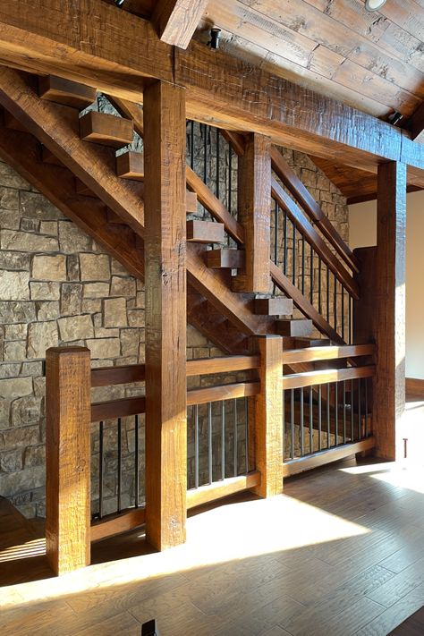 Rustic Timber Open Staircase | Katie Kottke Interiors Open Downstairs Staircase, Devon House, Rustic Staircase, Rustic Stairs, Step Railing, Timber Staircase, Timber Frame House, Montana Homes, Interior Staircase