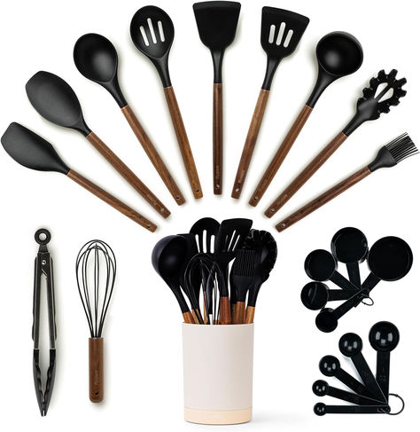 SMIRLY Kitchen Utensil Set & Holder - Essentials for New Home & 1st Apartment - Silicone Spatula & Cooking Spoon Set for Nonstick Cookware Essentials For New Home, Silicone Utensils, New Home Essentials, Kitchen Utensils Set, Silicone Cooking Utensils, Kitchen Spatula, Kitchen Necessities, Silicone Kitchen Utensils, Wood Utensils