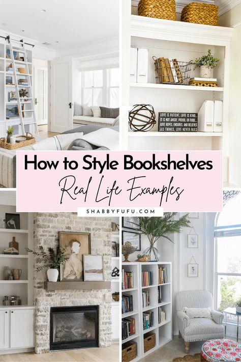 Decorate Bookshelves, Bookshelves Styling, Style Bookshelves, Aesthetic Bookshelf, Styling Bookshelves, Farmhouse Family Rooms, Southern Decor, Decorating Bookshelves, Bookshelves In Living Room