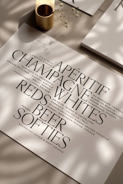 Classy Branding, Luxe Branding, Campari And Soda, Signage Ideas, Menue Design, Design Cv, Font Inspiration, Wine List, Wedding Signage