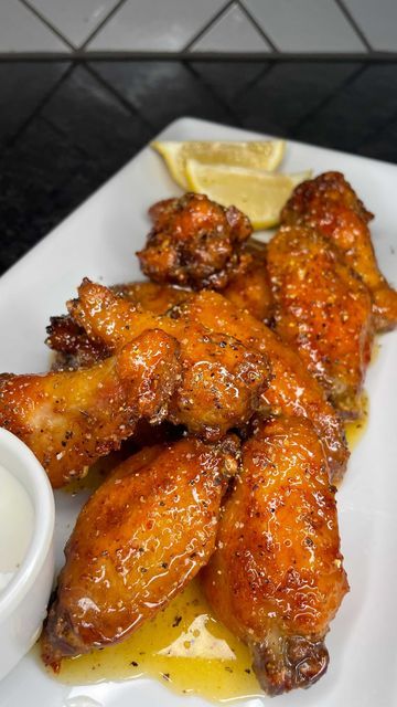 Chef Kilo P. on Instagram: "Honey Lemon Pepper Wings 🍯🍋 • Wing Wednesday, you know how sticky it gets 😉 • Tip: - coat wings with 1.5 tbsps of baking powder to get them crispy in the air fryer. - air fry on 380 for 12 Mins on each side • Sauce: 4 - 4.5 tbsps Butter 1/3 cup Honey 1/2 tsp Garlic paste 1 tbsp Lemon pepper Wings: - 6-8 wing dings - lemon pepper - garlic powder - onion powder - black pepper - smoked paprika - seasoning salt - chicken seasoning - 1.5 tbsps baking powder" Honey Lemon Pepper Wings, Wing Dings, Wing Wednesday, Lemon Pepper Wings, Seasoning Salt, Soul Food Dinner, Food Babe, Food Therapy, Yummy Comfort Food