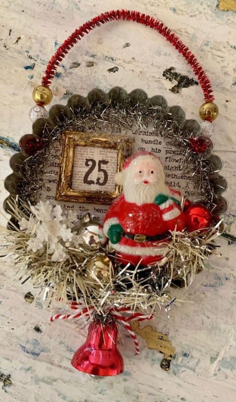 60+ Adorable DIY Vintage Christmas Decorations for a Nostalgic Time | HubPages Tart Tin Ornaments Christmas Decorations, Nostalgic Christmas Decorations, Diorama Ornaments, Tin Crafts, Tart Tins, Christmas Kitsch, Christmas Diorama, Vintage Christmas Crafts, Tin Ornaments