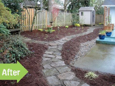 I always thought that long, narrow yards would be the most fun to work with- they seem perfectly proportioned for an inviting flagstone path, and that's exactly what these homeowners decided to add... Backyard Dog Area, Gardening Containers, Dog Friendly Backyard, Gardening Australia, Gardenia Plant, Gardening Club, Club Activities, Bathrooms Ideas, Starting Seeds