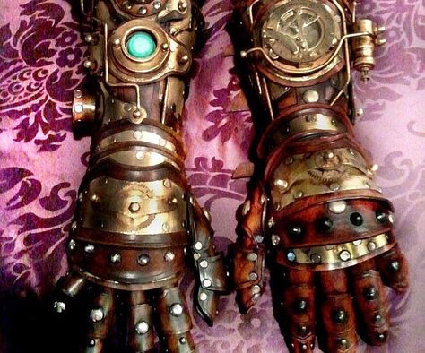 Upgrade those pathetic noodles you call arms with the steampunk robot arm gauntlets. These intricately detailed gloves features a combination of leather, brass, rivets, and buckles to achieve an extraordinarily realistic look. Steam Punk Diy, Steampunk Kunst, Steampunk Mode, Steampunk Gloves, Steampunk Outfits, Moda Steampunk, Steampunk Robot, Steampunk Gadgets, Mode Steampunk