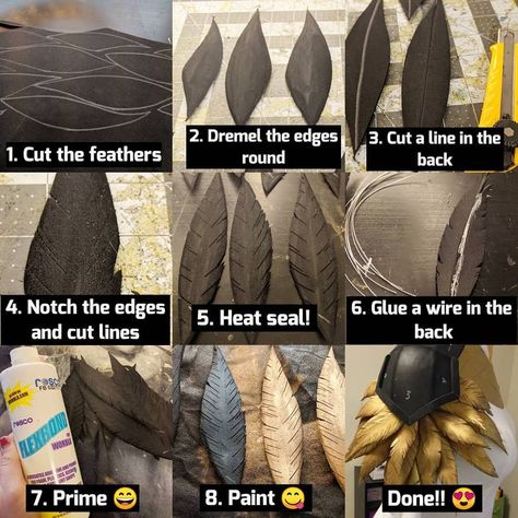 From @appycat on Facebook Feather Costume Diy, How To Make Feather Wings, How To Make Moveable Wings, Foam Feathers Diy, Eva Foam Wings, How To Make Feathers, How To Make Wings Costume, Cosplay Wings Tutorial, Cosplay Feathers