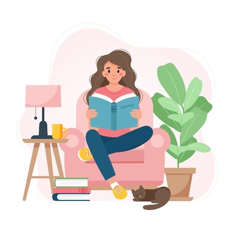 Vector woman reading a book on a chair, ... | Premium Vector #Freepik #vector #people-book #student-reading #reading-book #people-education Cute Vector Illustration, Woman Reading Book, Reading Cartoon, Reading Pictures, Literacy Day, Cute Vector, Books To Read For Women, Woman Illustration, Dog Wallpaper