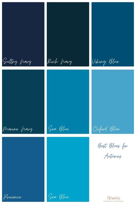 Best Blues For Autumn, Blues For Soft Autumn, Blues For True Autumn, Hoc Blue Leaf Autumn, House Of Colour Dark Blue Autumn, Blue Leaf Autumn, Blue For Autumn Type, Soft Autumn Blues Colour Palettes, Deep Blue Autumn