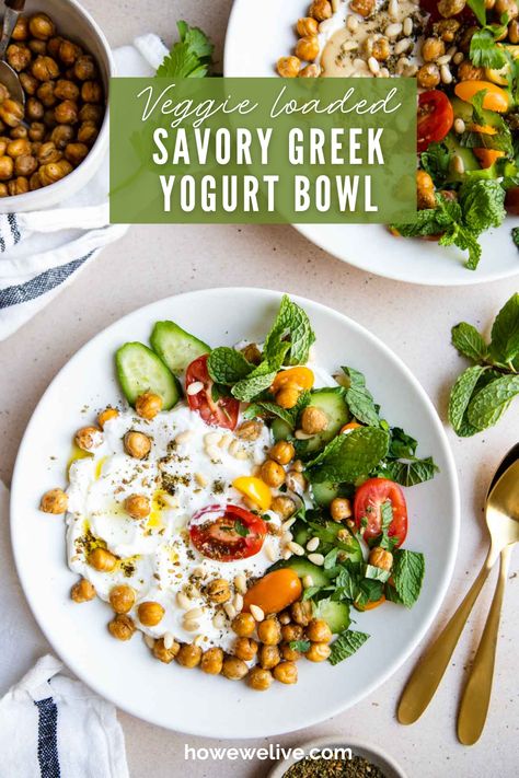 These high protein Greek yogurt bowls have a savory twist and is so easy to throw together, making healthy eating easy and manageable. Packed with delicious veggies and fiber, healthy fats and loaded with flavor. It's great for meal prep and busy mornings when you want healthy breakfast recipes that aren't loaded with added sugar and will keep you full and satisfied. Greek Bowls Healthy, Savory Yogurt Bowl, Savory Greek Yogurt Recipes, Greek Bowl Recipe, Savory Greek Yogurt, Savory Yogurt, Protein Greek Yogurt, Yogurt Breakfast Bowl, Greek Yogurt Breakfast