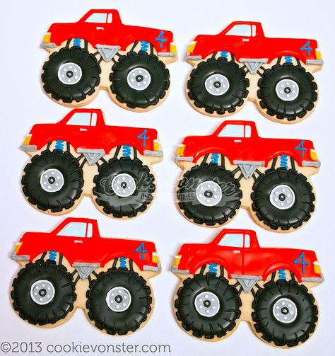 Monster Truck Custom cookies by Cookievonster, via Flickr Monster Truck Cookies Decorated, Cars Cookies, Transportation Cookies, Tates Cookies, Truck Cookies, Monster Truck Cookies, Monster Jam Birthday, Monster Jam Party, Monster Truck Cake