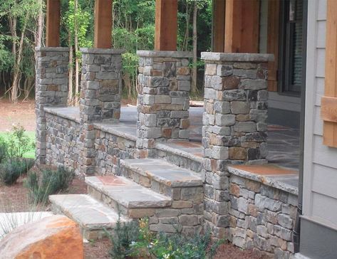 Stone Porches, Building A Porch, Natural Stone Veneer, Stone Steps, Stone Pillars, Stone Siding, House With Porch, Wrap Around Porch, Exterior Stone