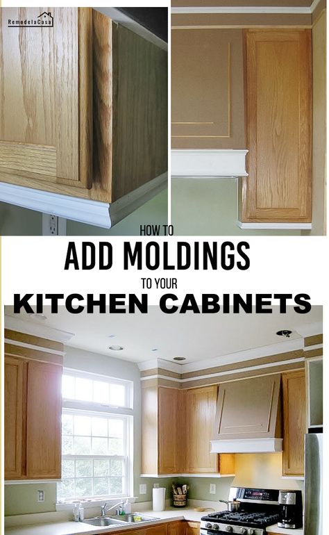 How To Add Moulding To Kitchen Cabinets, Molding On Bottom Of Kitchen Cabinets, Trim On Bottom Of Kitchen Cabinets, Builder Grade Kitchen Cabinets Makeover, White Kitchen Cabinets With Wood Crown Molding, Enclosing Above Kitchen Cabinets, Add Trim To Cabinets, Kitchen Cabinet Molding Ideas, Under Cabinet Trim Molding