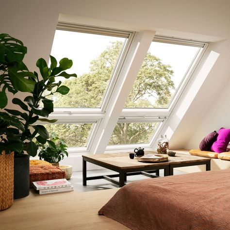 VELUX roof windows - Multiple windows - window combinations Velux Cabrio, Small Attic Room, Pitched Roof Window, Roof Balcony, Attic Bedroom Designs, Balcony Window, Attic Conversion, Attic Bedrooms, Attic Renovation