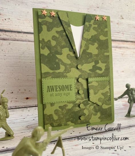 Army Style Camouflage Birthday card featuring greetings from Itty Bitty Birthdays Military Cards, Army's Birthday, Anniversaire Diy, Suit Card, Card Making Templates, First Birthday Outfit, Retirement Cards, Birthday Cards For Men, Time Flies