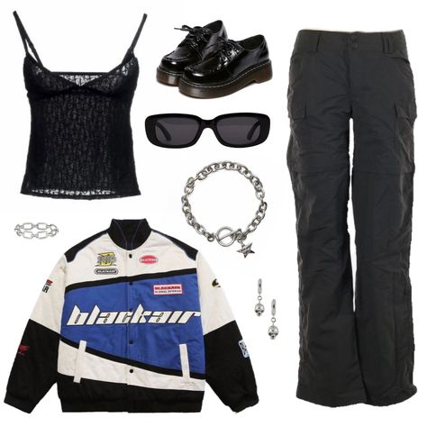 Motor Racer Outfit Women, Racer Outfit Kpop, Female Racer Outfits, Racer Inspired Outfits, Racer Style Outfit, Blackair Jacket Outfit, Street Racer Aesthetic Outfit, Racer Aesthetic Outfits, Racer Outfit Women