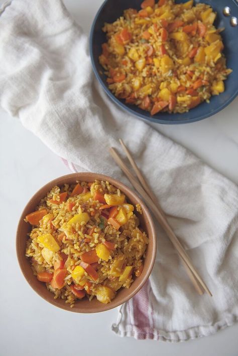 This recipe came out of a need for a quick weeknight recipe. I grabbed some leftover rice, the vegetables I needed to use up, and the frozen mangoes we used for smoothies. And then, while I was cooking it up, thought ‘hey! Let’s throw in some Curry powder!’. And my kids DEVOURED it. I was so pleasantly surprised, and I’ve made it several times since!This dish is gluten-free, dairy-free, vegetarian… pretty much ticks all the boxes! So don’t miss out on this easy and flavor-packed dish.I… Curry Fried Rice, Carrot Curry, Mango Curry, Leftover Rice, Diced Carrots, Red Curry Paste, Curry Paste, Curry Powder, Weeknight Meals