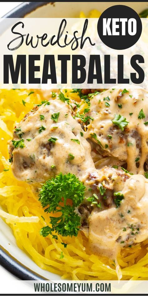 A flavorful, creamy sauce and warm spices make these keto Swedish meatballs taste like authentic ones, all with no flour, quick prep, and just 2g net carbs. #wholesomeyum Keto Swedish Meatballs, Low Carb Turkey Meatballs, Swedish Meatballs Easy, Meatball Dishes, Keto Meatballs, Low Carb Meats, Meatball Dinner, Best Keto Meals, Low Carb Meatballs