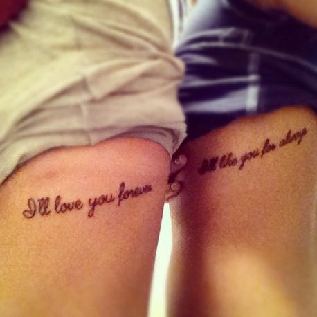 My sister and I got our matching tattoos last night. Mine says "I'll love you forever" while hers reads, "I'll like you for always". It's from the book by Robert Munsch, I'll Love You Forever, which our mom often read to us growing up...crying every time! These are placed over our hearts. Matching Sister Tattoo Ideas, Matching Sister Tattoo, Love You Forever Book, Unique Sister Tattoos, Sister Tattoo Ideas, Robert Munsch, Love Your Sister, Matching Sister Tattoos, Sister Tattoo